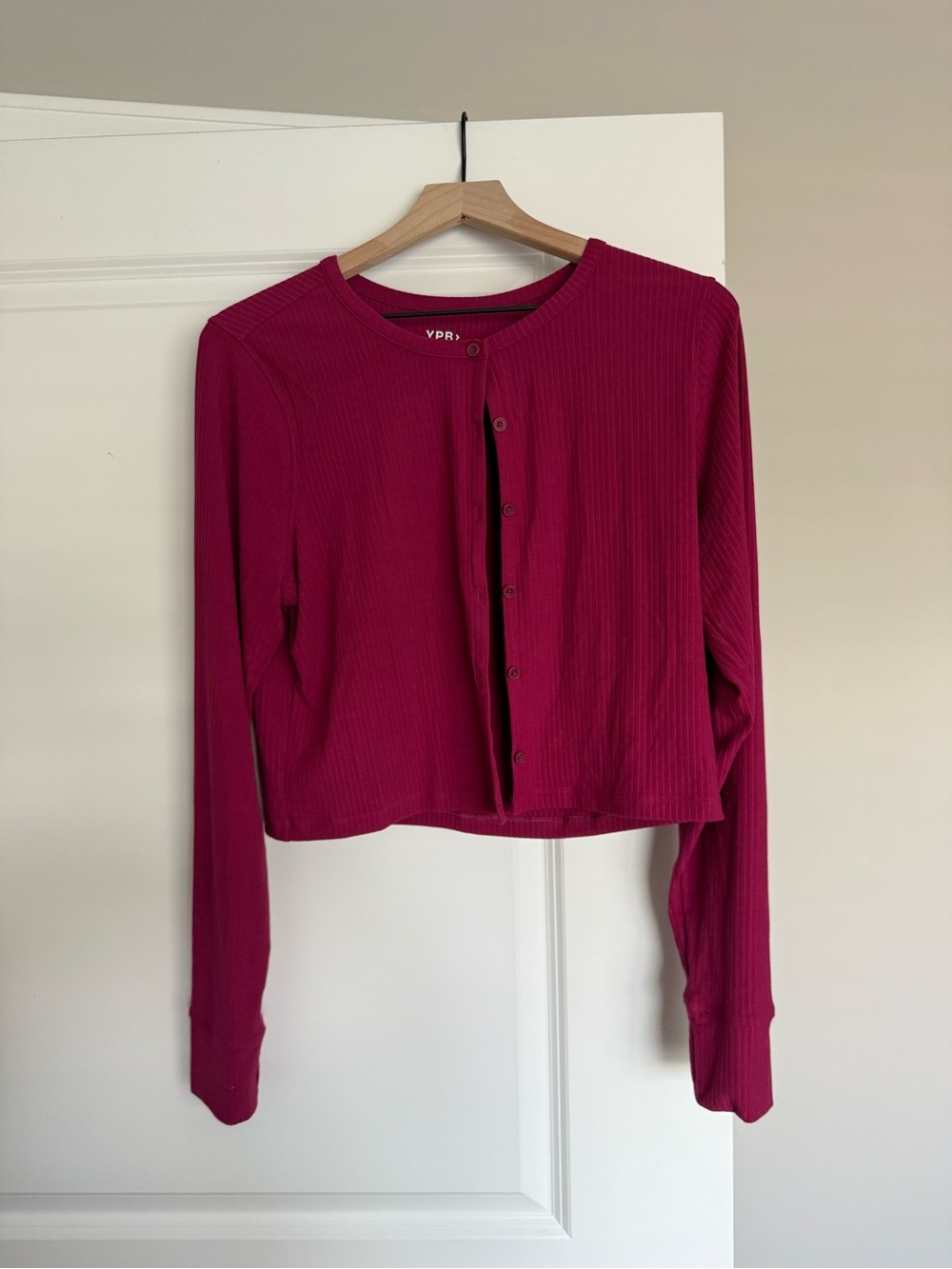 Abercrombie & Fitch Ribbed Long-Sleeve Button Cardigan in Berry Red